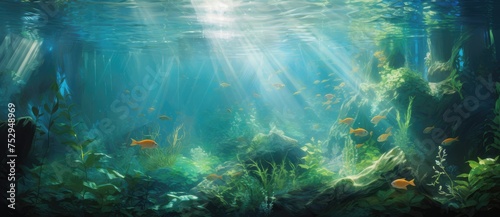 Aquatic Ballet: Sunlit Dance of Fish Amongst Ocean's Verdant Kelp - Generative AI © Gelpi