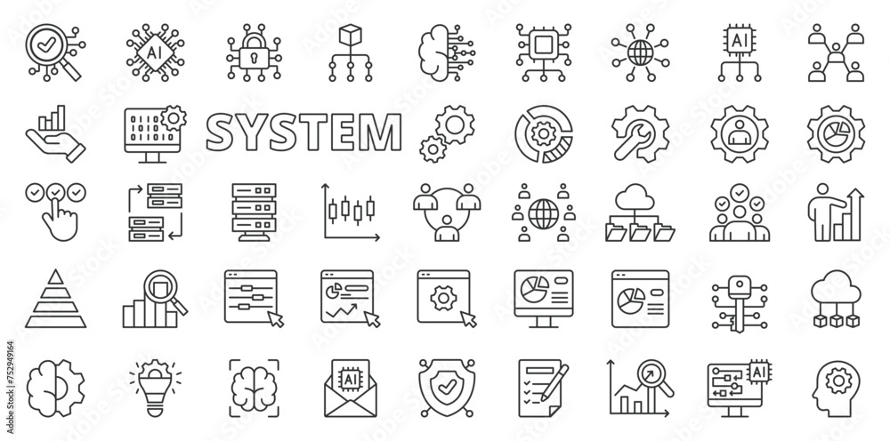 System business icons in line design. System, business, process, management, strategy, efficiency, technology isolated on white background vector. System business editable stroke icons.