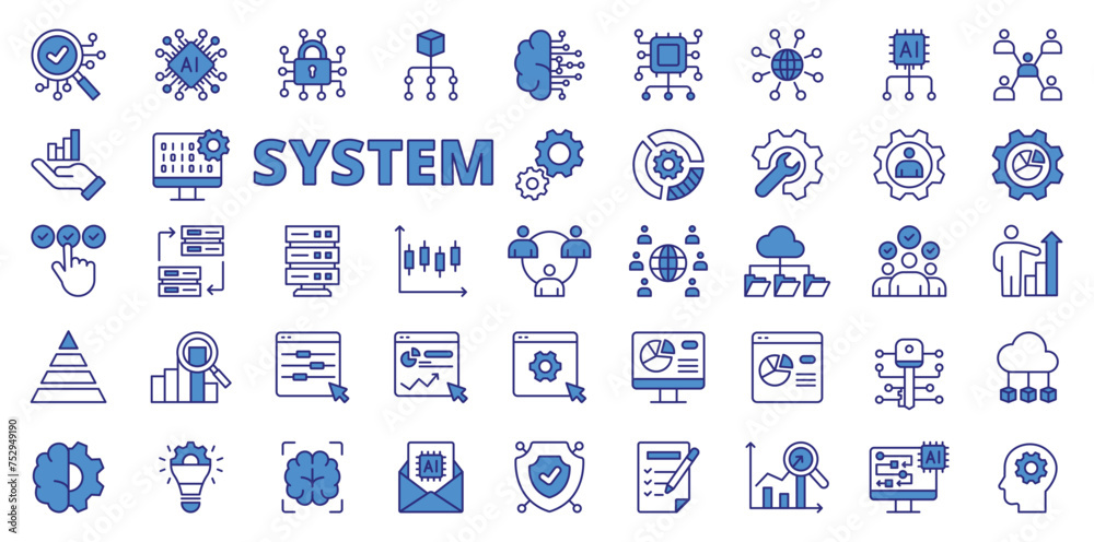 System business icons in line design, blue. System, business, process, management, strategy, efficiency, technology isolated on white background vector. System business editable stroke icons. - obrazy, fototapety, plakaty 