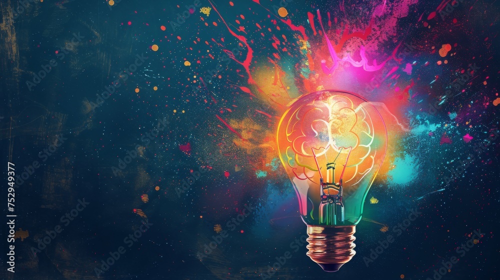 Abstract creativity and idea generation background with colorful brain and light bulbs - obrazy, fototapety, plakaty 