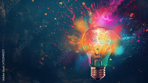 Abstract creativity and idea generation background with colorful brain and light bulbs
