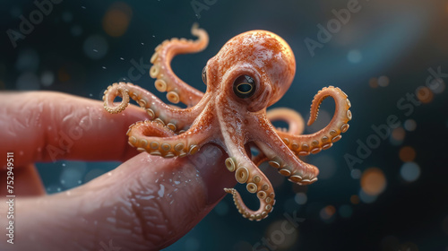 Person holding small octopus toy; great for childrens book illustrations, marinethemed designs, cute character concepts, and aquatic product promotions.