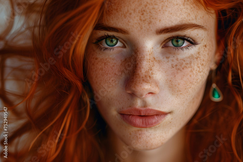 portrait of a woman with flowing red hair, detailed freckles, green eyes, soft lighting, subtle smile, wearing emerald earrings, high resolution, ethereal glow, artistic