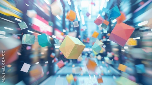Abstract geometric shapes floating over a blurred business district background