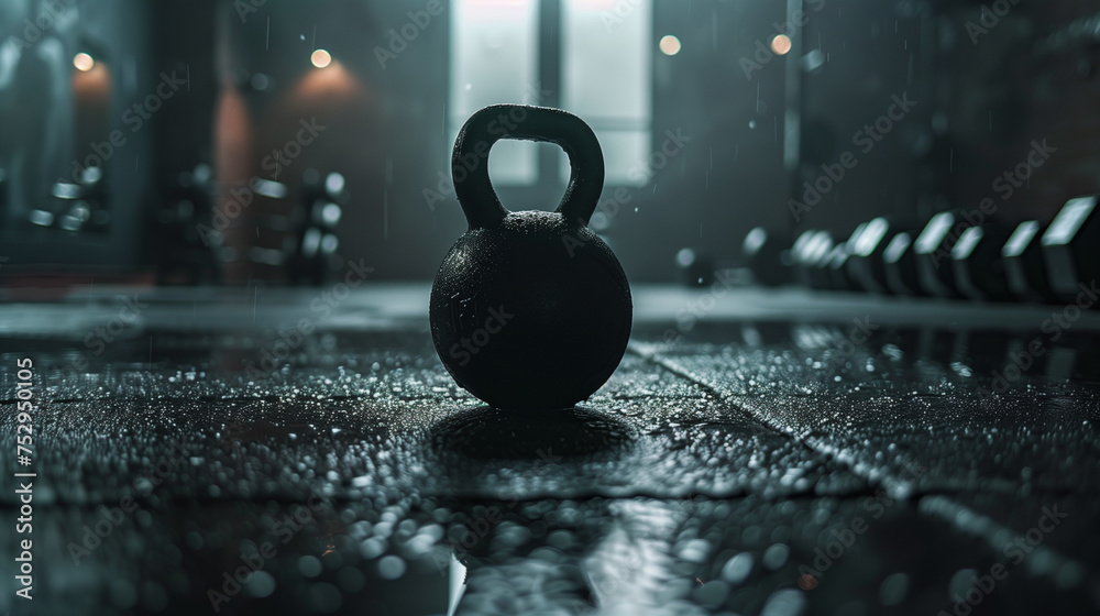 Kettlebells in a gym with water drops on the floor - obrazy, fototapety, plakaty 