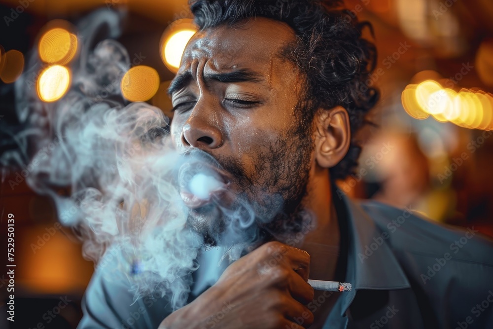 A man in a suit exhales a cloud of smoke with a blurred background of light bokeh in a bar setting A man in a suit exhales a cloud of smoke with a blurred background of light bokeh in a bar setting