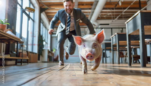 Schwein rennt durchs Büro Mitarbeiter versucht es zu fangen photo
