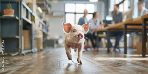 Schwein läuft durchs Büro und blickt in die Kamera