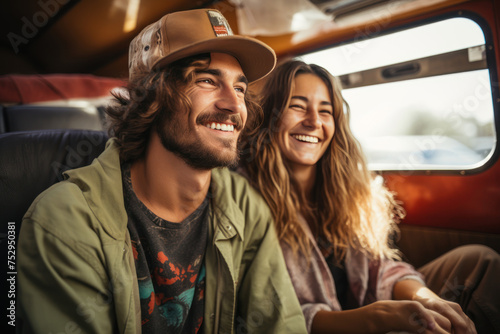 Happy young couple traveling by bus. Smiling and looking at camera.