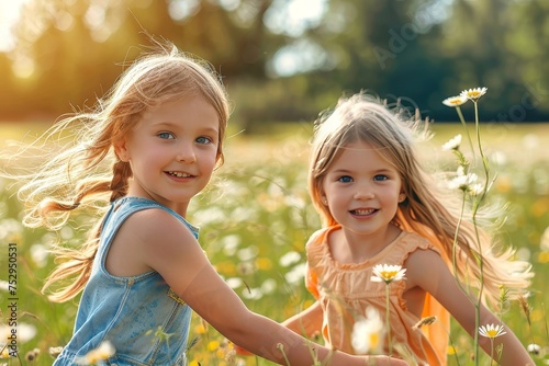 Fototapeta Naklejka Na Ścianę i Meble -  Two delighted girls engaging in the simple joy of picking wildflowers in a sunny meadow
