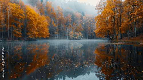 Tranquil autumn scene featuring a misty lake surrounded by vibrant orange and yellow foliage reflected in the calm water, interspersed with fallen leaves.