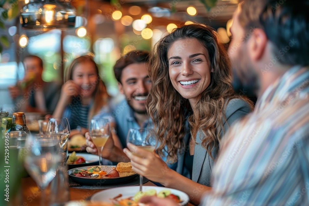 A woman with a captivating smile toasting with friends at an engaging dinner in a contemporary restaurant A woman with a captivating smile toasting with friends at an engaging dinner in a contemporary restaurant