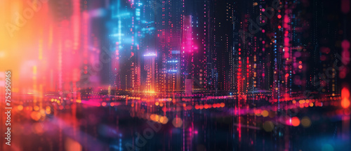 A vibrant abstract image depicting a cityscape with glowing neon lights and digital data streams, conveying a sense of futuristic urban technology.