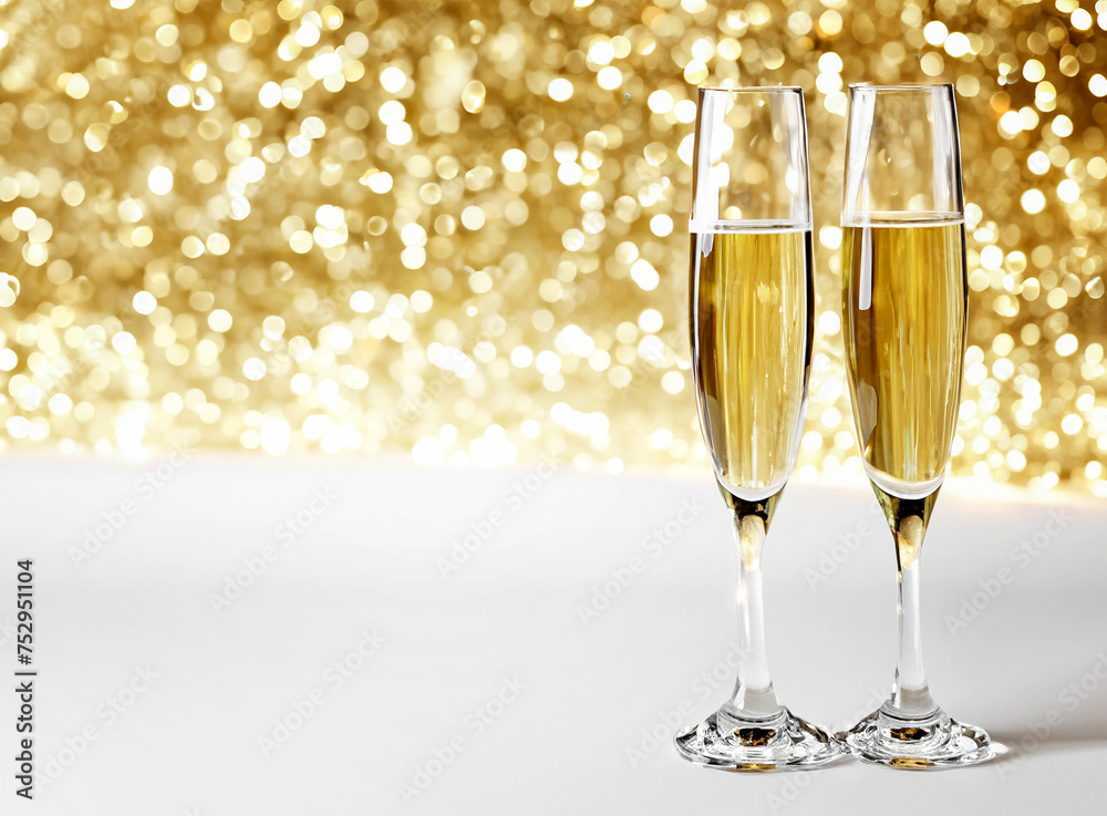 flutes with champagne or fizzy white wine on black background with blurred sparkles in the back. High quality photo created with generative ai technology flutes with champagne or fizzy white wine on black background with blurred sparkles in the back. High quality photo created with generative ai technology