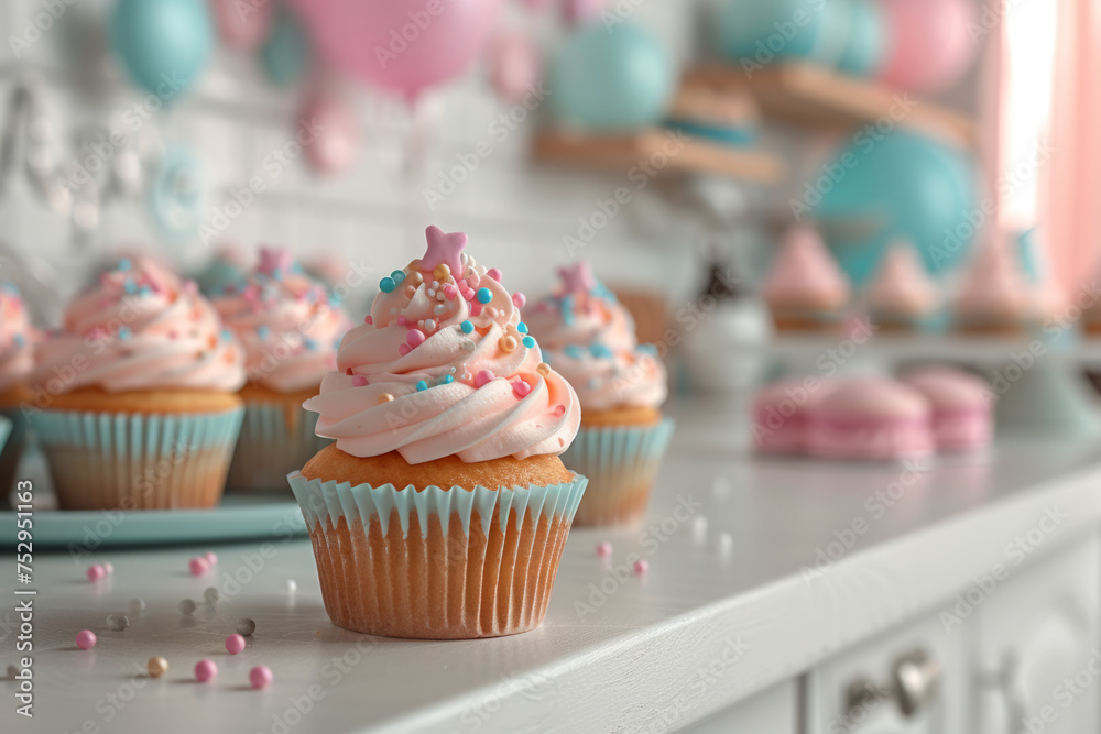 A close-up of a freshly baked cupcake with pink and blue frosting and sprinkles on a clean kitchen counter
