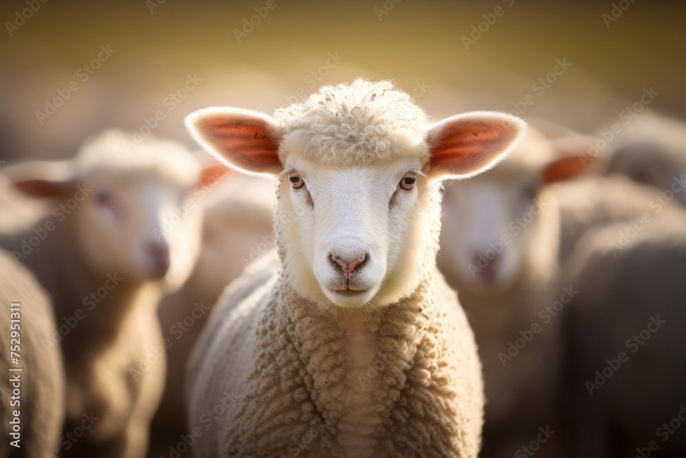 Serene Gaze of a Young Sheep in Golden Pastoral Light - Generative AI