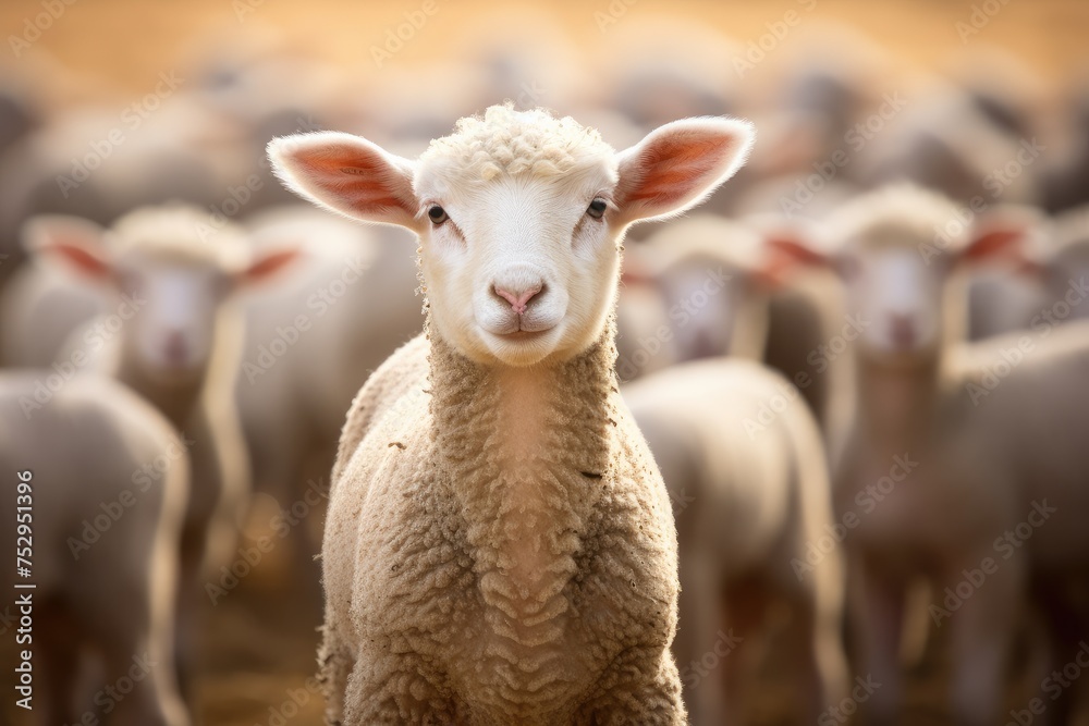Obraz premium Serene Gaze of a Young Sheep in Golden Pastoral Light - Generative AI