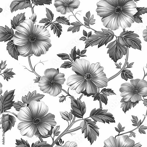 Greyscale floral pattern with sophisticated and intricate designs.