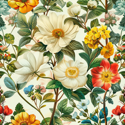 A classic botanical illustration featuring vibrant flowers and lush foliage.