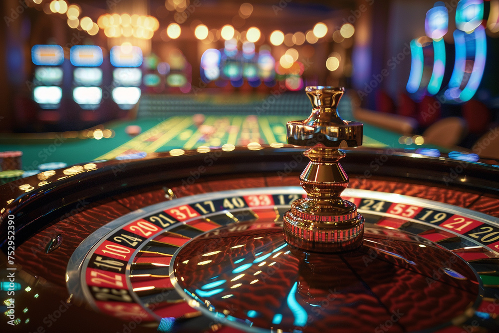 A vibrant close-up of a spinning roulette wheel with blurred casino background, highlighting the excitement of gambling. A vibrant close-up of a spinning roulette wheel with blurred casino background, highlighting the excitement of gambling.