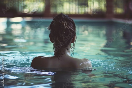 photo of a young woman in the swimming pool, vacation and holidays concept
