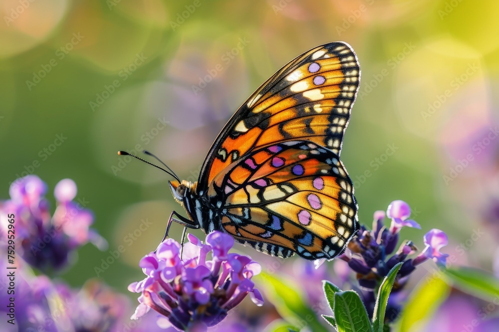 A stunning Monarch butterfly perched on lavender blooms with a beautiful bokeh effect A stunning Monarch butterfly perched on lavender blooms with a beautiful bokeh effect
