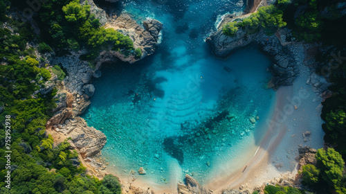 Aerial view of a serene turquoise cove surrounded by rugged cliffs with lush green foliage, a hidden beach with clear waters ideal for summer and travel themes.