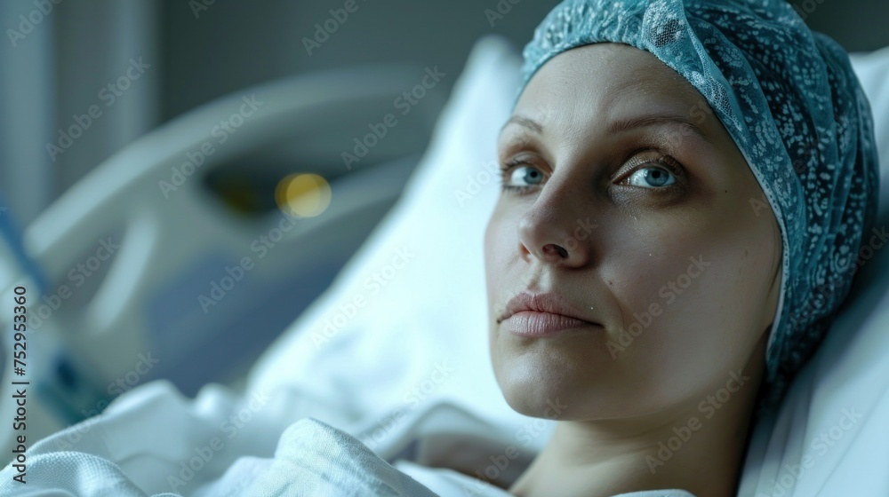 Woman in bed suffering from cancer. Thoughtful woman battling with tumor. Patient with headscarf recovery in hospital on bed Woman in bed suffering from cancer. Thoughtful woman battling with tumor. Patient with headscarf recovery in hospital on bed