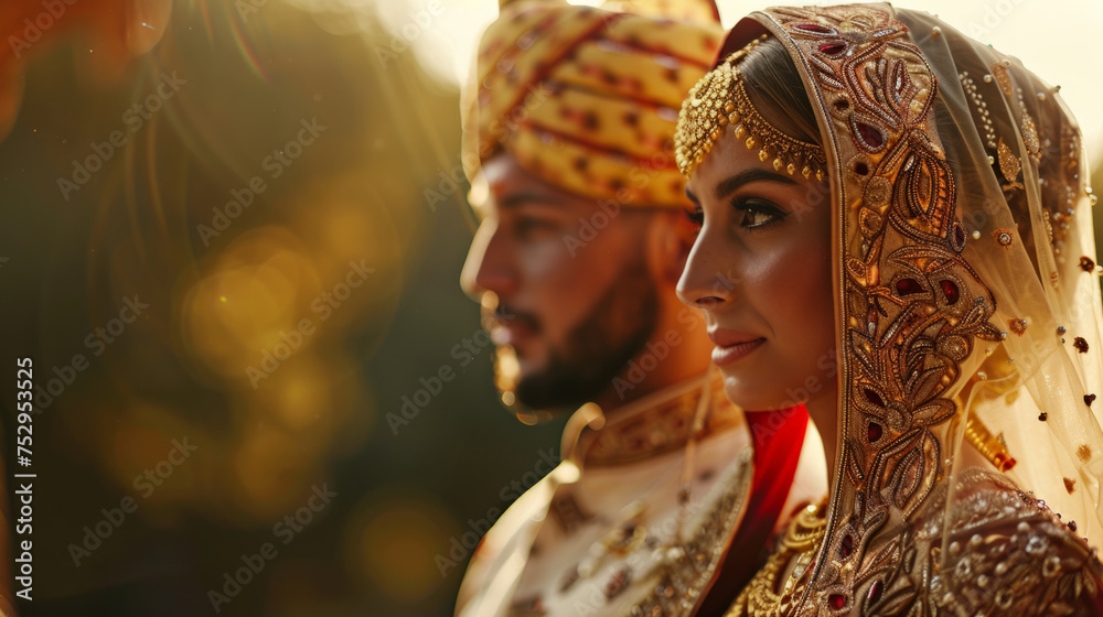 A traditional South Asian bride and groom dressed in elegant wedding attire, side by side with a warm, glowing backdrop.