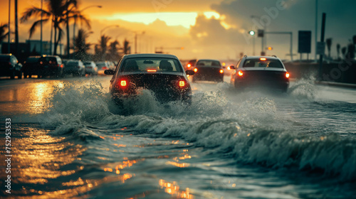 Car navigates a waterlogged street at sunset, with traffic and palm trees in the background © bluebeat76