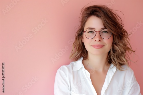 A woman with glasses is smiling at the camera