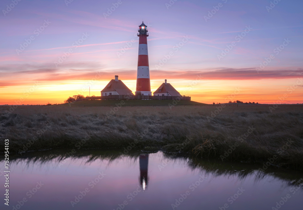 Lighthouse Westerhever at sunrise with reflections