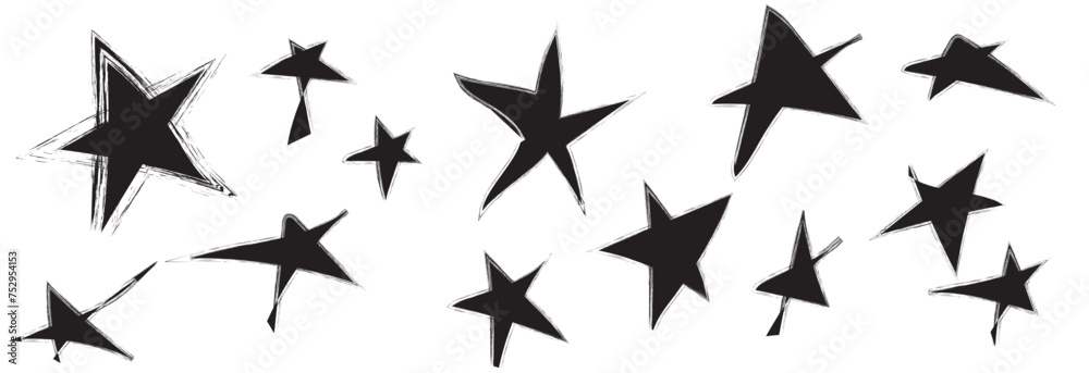 Grunge charcoal scrawl hand drawn stars, rough doodle shapes. Freehand crayon pencil starry elements. scribble icon for poster, collage, banner. Vector file illustration Grunge charcoal scrawl hand drawn stars, rough doodle shapes. Freehand crayon pencil starry elements. scribble icon for poster, collage, banner. Vector file illustration