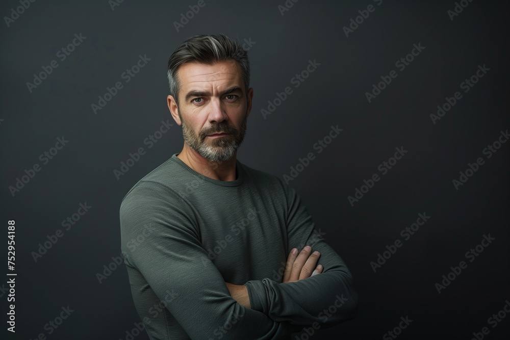A man with a beard and gray hair is wearing a green shirt