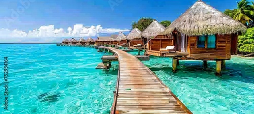 Scenic wooden walkway over turquoise ocean to overwater bungalows at tropical resort