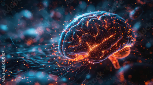 A digital illustration of a human brain glowing with interconnected lines and sparkles, representing neural activity and connectivity on a dark, blue-toned backdrop with floating particles.
