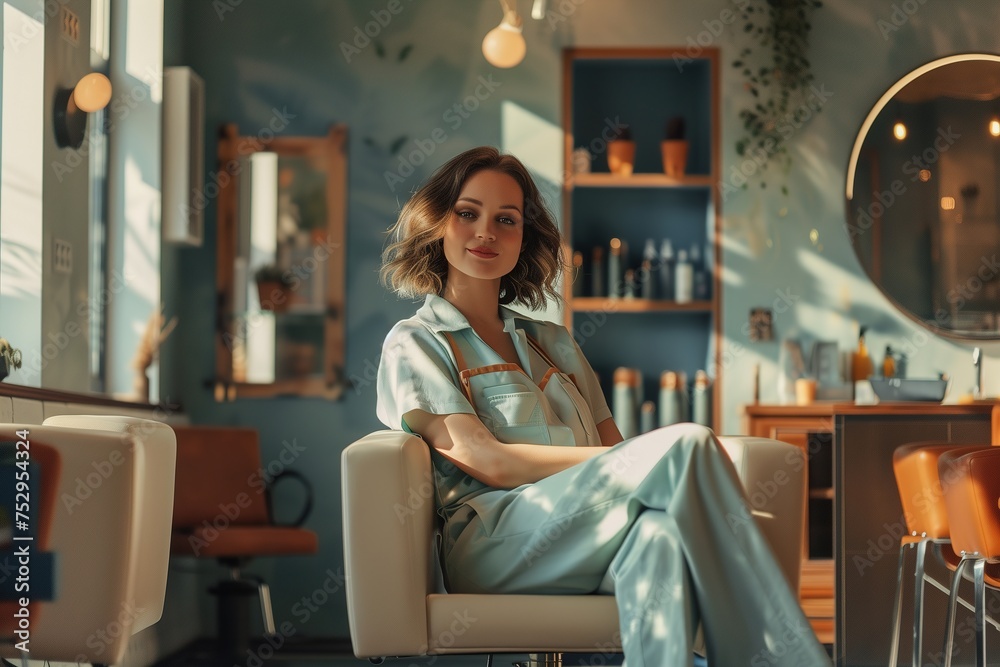 A woman is sitting in a chair in a salon A woman is sitting in a chair in a salon