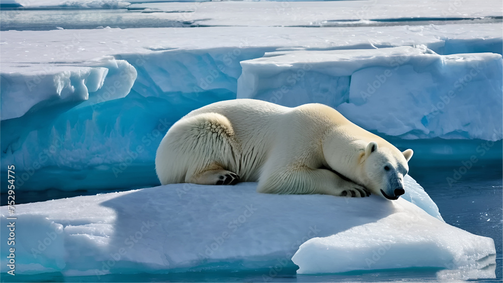 polar bear is sleeping on iceburg infront of glacier