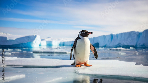A cute penguin stands among the ice of Antarctica. Inhabitants of the cold corners of the planet