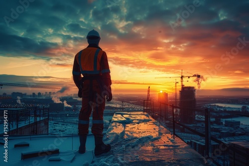 A lone construction worker observes a sunrise over a cityscape, symbolizing progress, accomplishment, and the start of a new day © Dacha AI