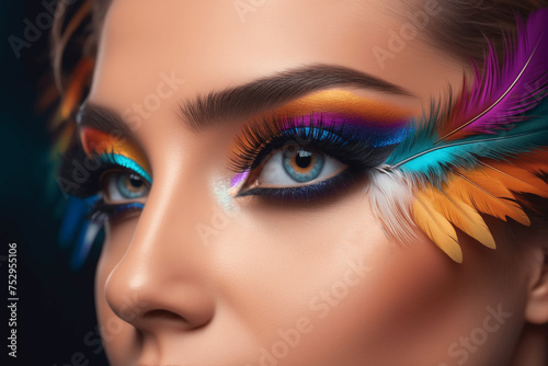 Eyelashes in the form of feathers. Unusual eye makeup with bird feathers. A girl's face decorated with colorful feathers. Make-up for the carnival