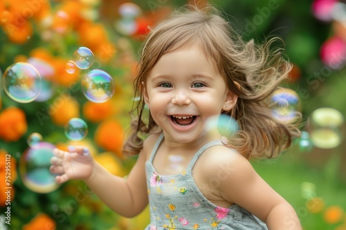 Innocent Joy: Young Girl Chasing Bubbles in a Garden