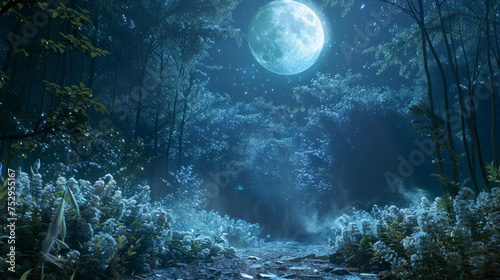 Enchanted moonlit forest with lush foliage and a mystically glowing full moon casting a serene light on the blossoming underbrush and forest path.