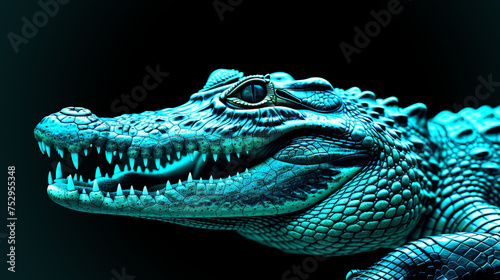 Abstract cyan crocodile with a neon glow  exuding a sense of cybernetic menace.