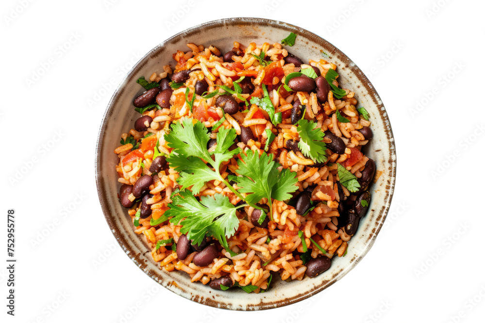 Top view of a colorful bowl of Mexican rice and beans garnished with cilantro presented on a white surface, Top view of a colorful bowl of Mexican rice and beans garnished with cilantro presented on a white surface,