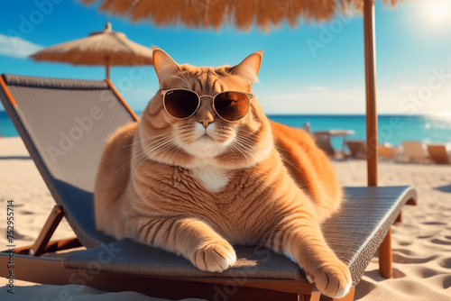 A fat ginger cat is lying on a sun lounger on the beach. A cat sunbathes on the shore of the sea or ocean. Relaxed rest and relaxation concept