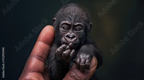 Small black monkey on persons finger, perfect for nature magazines, animal care blogs, junglethemed designs, childrens books, and social media posts. © Fathur