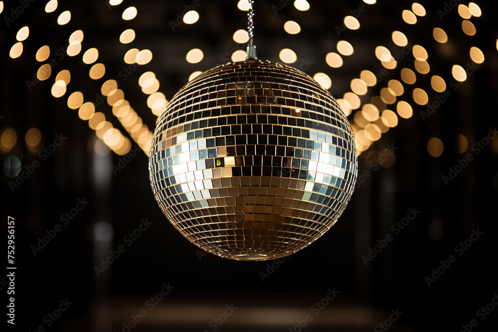 Obraz premium Golden disco ball in a dark empty room. Reflections of light on a disco ball