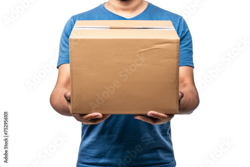 professionalism of a courier service holding a box without a label on a white background.