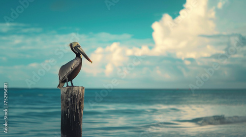 A majestic pelican perched on a weathered wooden post, overlooking the vast expanse of a tranquil beach.